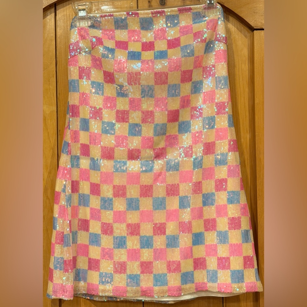 Show Me Your MuMu Pink Blue Cream Sequin Checkered Midi Skirt